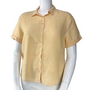 C&C California Womens Size L Blouse Checked Button Down Short Sleeve Top Yellow